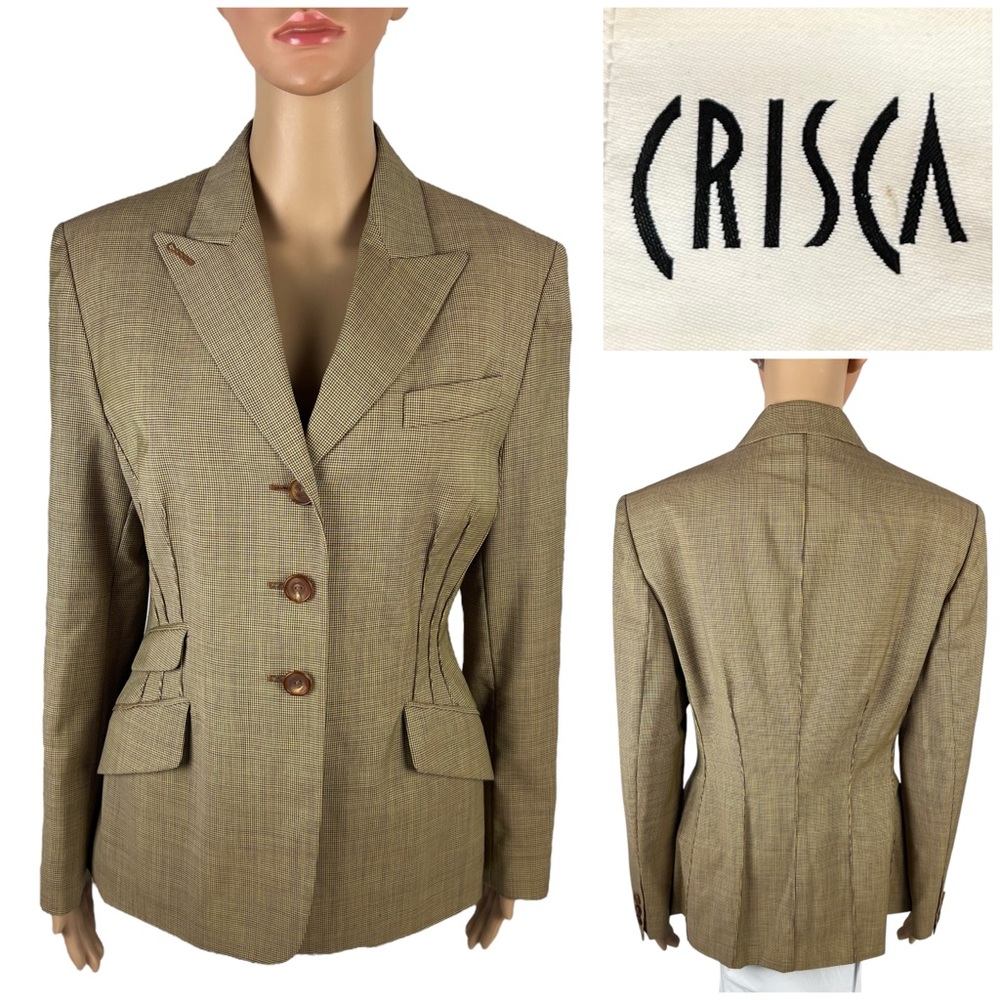 Crisca Womens 38 Blazer Virgin Wool Houndstooth Green Made In Germany EUC